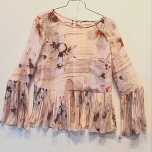 Sioni Floral Sheer Blouse Pleated‎ Layered Romantic Bell Sleeves Size L